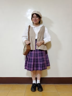 「チェック柄に恋してる」｜「アイテム（ハンチング/ベレー帽）」を使った、呱呱🍯さん（レディース・152cm）の春コーディネート