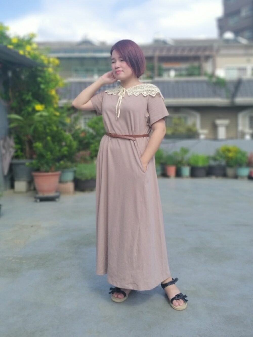 「ootd、夏コーデ、ワンピース、Tシャツ、無地T、Taiwan、台湾」｜「earth music&ecologyのAラインカットワンピース ＊（ワンピース、ピンク系）」を使った、呱呱🍯さん（レディース・152cm）の夏コーディネートの1枚目の写真