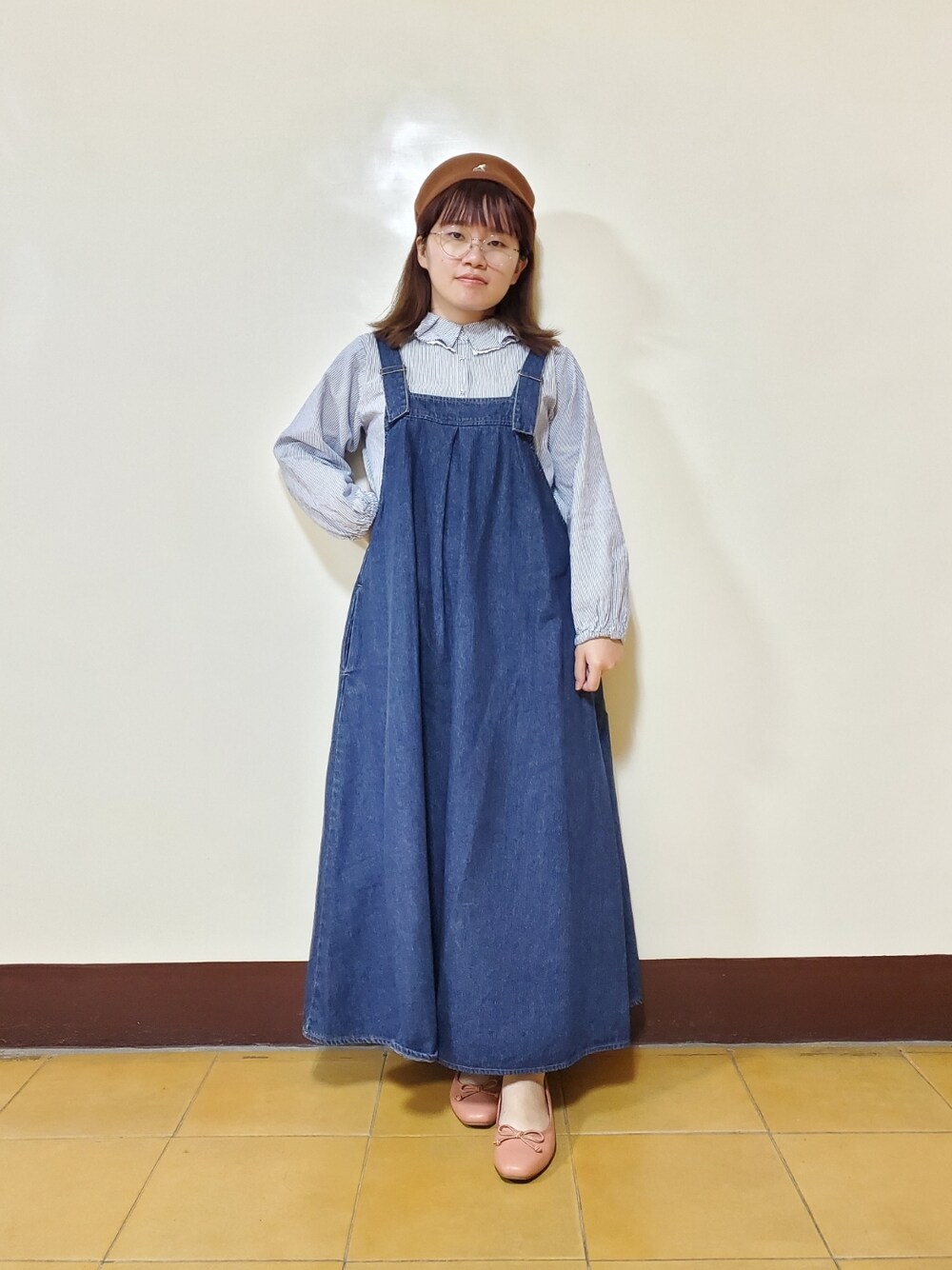 「春服デビュー宣言、大人カジュアル、大人かわいい、低身長、低身長コーデ、Samansa Mos2、KANGOL、街頭穿搭、復古」｜「Samansa Mos2のフリルカラーブラウス（シャツ/ブラウス、ブルー系）」を使った、呱呱🍯さん（レディース・152cm）の春コーディネートの1枚目の写真