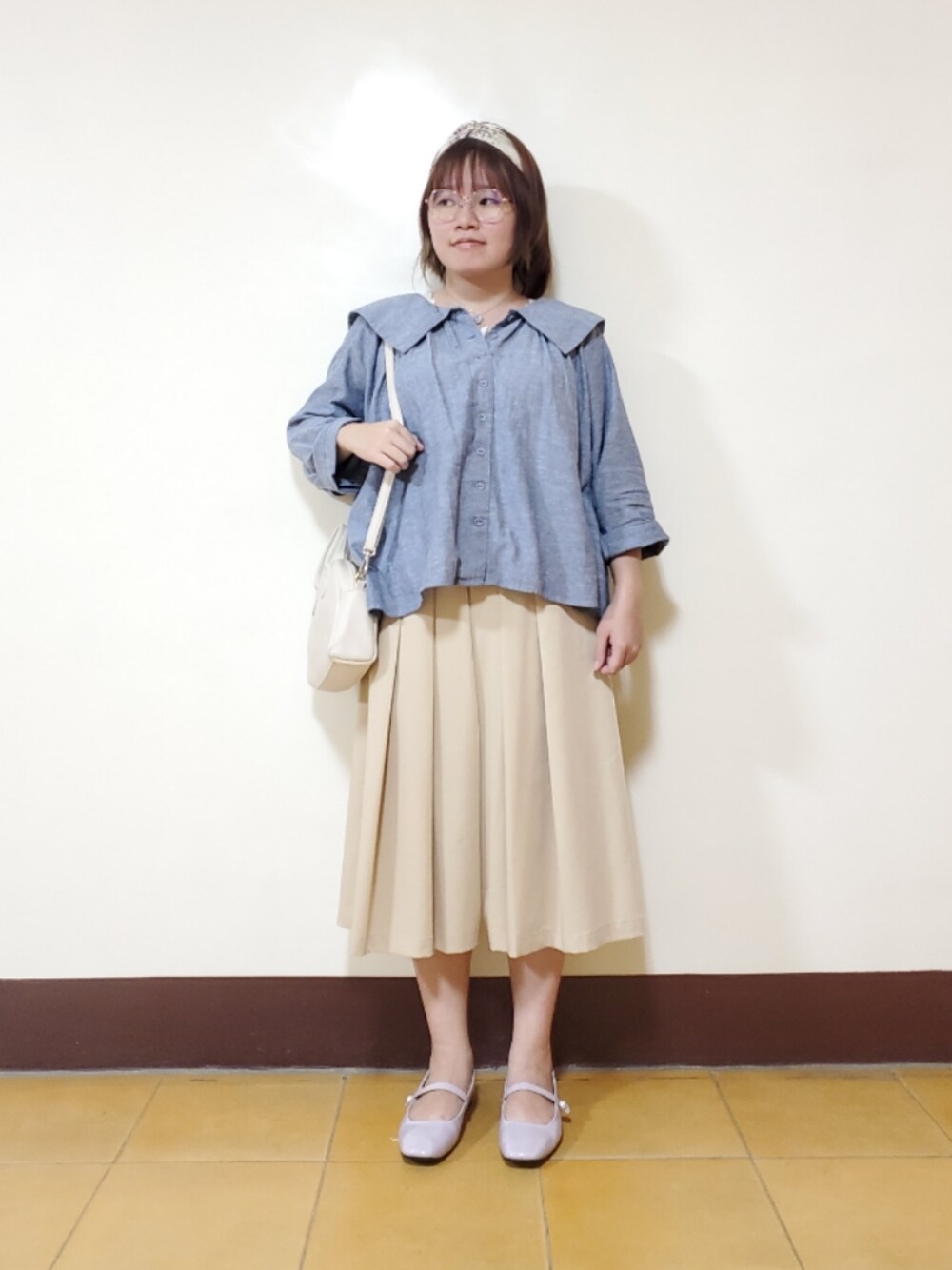 「ootd、夏、夏コーデ、街頭穿搭、大人カジュアル、大人女子、低身長」｜「Samansa Mos2の【ETHICAL CRAFTS】リサイクルリネン混セーラー羽織シャツ（シャツ/ブラウス、ブルー系）」を使った、呱呱🍯さん（レディース・152cm）の夏コーディネートの1枚目の写真
