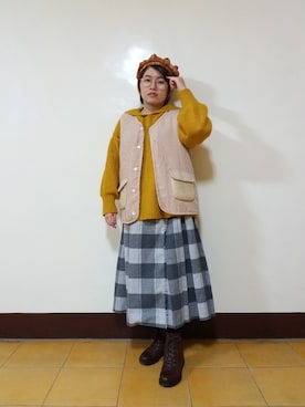 「チェック柄に恋してる」｜「アイテム（ハンチング/ベレー帽）」を使った、呱呱🍯さん（レディース・152cm）の春コーディネート