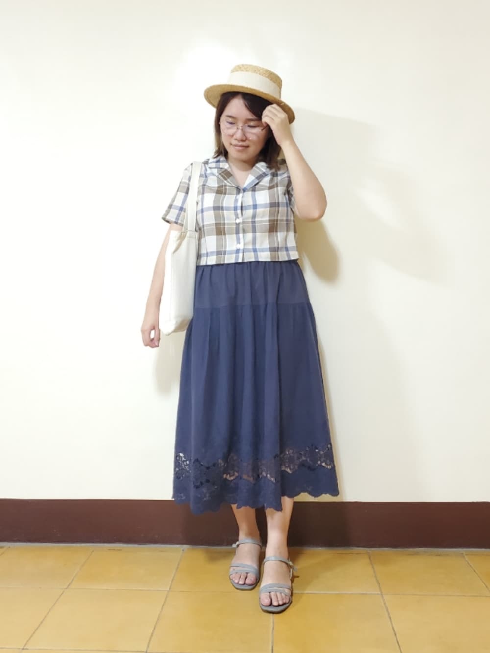「ootd、夏、夏コーデ、街頭穿搭、復古、vintage、低身長、低身長女子、大人カジュアル、大人コーデ」｜「NETの國民領短版上衣（シャツ/ブラウス、ブルー系）」を使った、呱呱🍯さん（レディース・152cm）の夏コーディネートの1枚目の写真