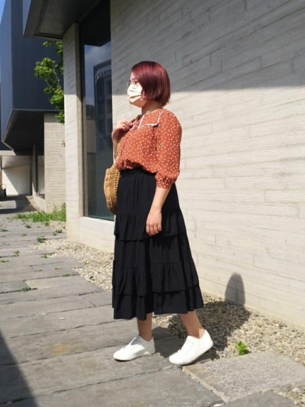 「ootd、夏コーデ、復古、シャツ、Taiwan、台湾、水玉シャツ、水玉」｜「Samansa Mos2のペーパーサークルトート（トートバッグ、ベージュ系）」を使った、呱呱🍯さん（レディース・152cm）の夏コーディネートの1枚目の写真