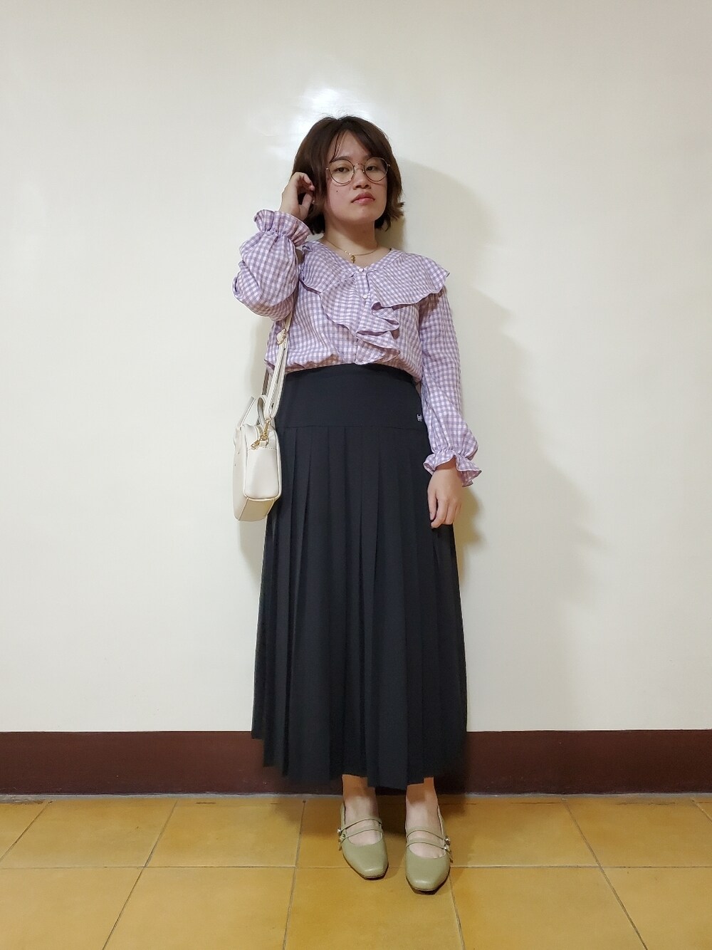 「夏コーデ、春コーデ、大人カジュアル、大人女子、ロマンチック、チェック柄に恋してる、チェック柄、色違いコーデ」｜「Lady Closetのアイテム（シャツ/ブラウス、パープル系）」を使った、呱呱🍯さん（レディース・152cm）の春コーディネートの1枚目の写真