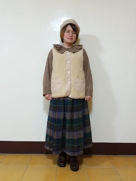 「チェック柄に恋してる」｜「アイテム（ハンチング/ベレー帽）」を使った、呱呱🍯さん（レディース・152cm）の冬コーディネート
