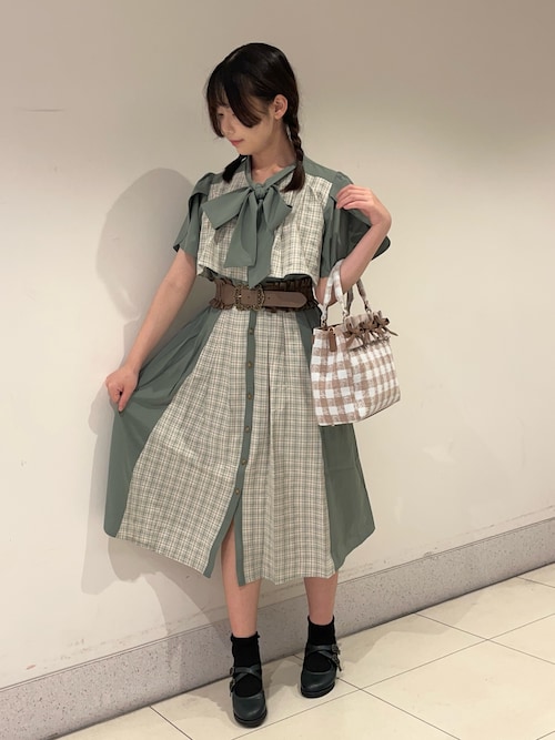 美品⁂センソユニコ⁂膝丈ワンピース チェック　リネン　フレア　パッチワーク　M 美品⁂センソユニコ⁂ 膝丈ワンピース チェック リネン フレア