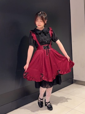 「axes femme POETIQUE（アクシーズファムポエティック）のリボン付きレース丸衿ＢＬ（シャツ/ブラウス、ブラック系）」を使った、おはぎちゃんさん（レディース・158cm）の夏コーディネート