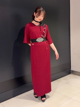 「axes femme（アクシーズファム）のチャイナ金具ロングワンピース（ワンピース、レッド系）」を使った、おはぎちゃんさん（レディース・158cm）の春コーディネート