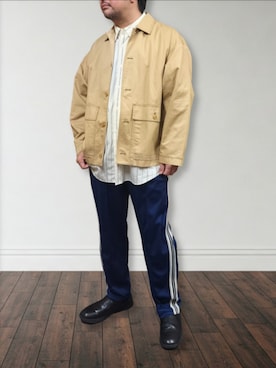 「アイテム（カバーオール）」を使った、肉厚メンズさん（メンズ・177cm）の春コーディネート