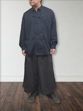 「GU（ジーユー）のアイテム（シャツ/ブラウス、ブルー系）」を使った、肉厚メンズさん（メンズ・177cm）の夏コーディネート