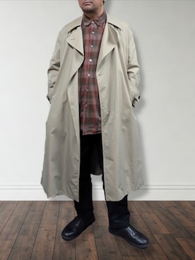 「ワークパンツ」｜「アイテム（トレンチコート）」を使った、肉厚メンズさん（メンズ・177cm）の冬コーディネート