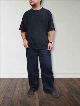 「UNIQLO（ユニクロ）のエアリズムコットンオーバーサイズTシャツ（Tシャツ/カットソー、ブラック系）」を使った、肉厚メンズさん（メンズ・177cm）の夏コーディネート