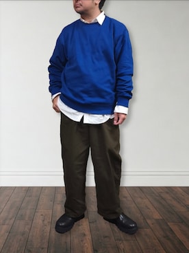 「GU（ジーユー）のアイテム（スウェット、ブルー系）」を使った、肉厚メンズさん（メンズ・177cm）の春コーディネート