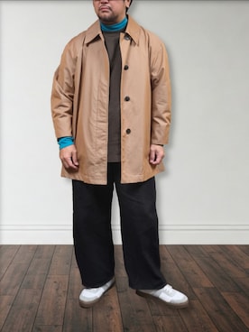 「UNIQLO（ユニクロ）のステンカラーショートコート（ステンカラーコート、ブラウン系）」を使った、肉厚メンズさん（メンズ・177cm）の春コーディネート