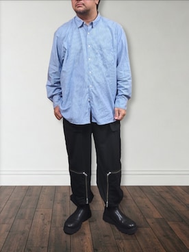 「UNIQLO（ユニクロ）のエクストラファインコットンブロードストライプシャツ（シャツ/ブラウス、ブルー系）」を使った、肉厚メンズさん（メンズ・177cm）の夏コーディネート