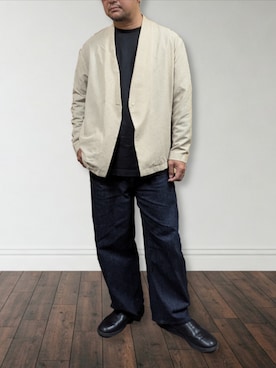 「アイテム（ノーカラージャケット）」を使った、肉厚メンズさん（メンズ・177cm）の秋コーディネート
