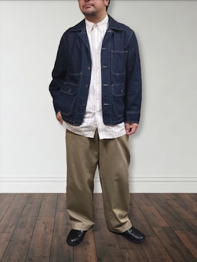 「UNIQLO（ユニクロ）のデニムワークジャケット（デニムジャケット、ブルー系）」を使った、肉厚メンズさん（メンズ・177cm）の春コーディネート