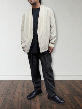 「アイテム（ノーカラージャケット）」を使った、肉厚メンズさん（メンズ・177cm）の秋コーディネート