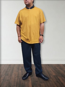 「イエロー」｜肉厚メンズさん（メンズ・177cm）の夏コーディネート