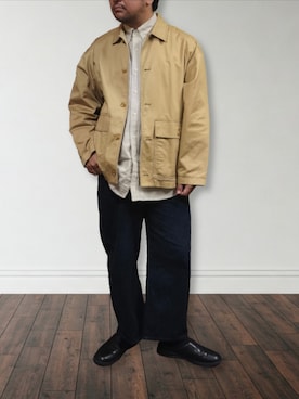 「アイテム（カバーオール）」を使った、肉厚メンズさん（メンズ・177cm）の冬コーディネート