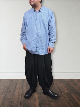 「UNIQLO（ユニクロ）のエクストラファインコットンブロードストライプシャツ（シャツ/ブラウス、ブルー系）」を使った、肉厚メンズさん（メンズ・177cm）の夏コーディネート
