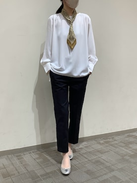 「TOKYO SHIRTS（トウキョウシャツ）のシルキーサテン クルーネック ブラウス（シャツ/ブラウス、ホワイト系）」を使った、BRICK HOUSE by Tokyo Shirts くずはモール店さん（メンズ・176cm）の夏コーディネート