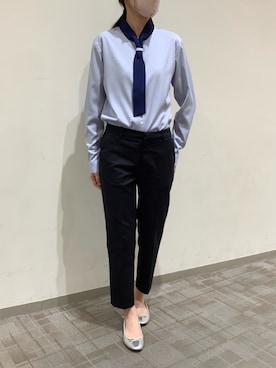 「TOKYO SHIRTS（トウキョウシャツ）の【吸水速乾】【COFREX】 配色ボウタイ ブラウス 長袖 レディースデザインシャツ（シャツ/ブラウス、ブルー系）」を使った、BRICK HOUSE by Tokyo Shirts くずはモール店さん（メンズ・176cm）の秋コーディネート
