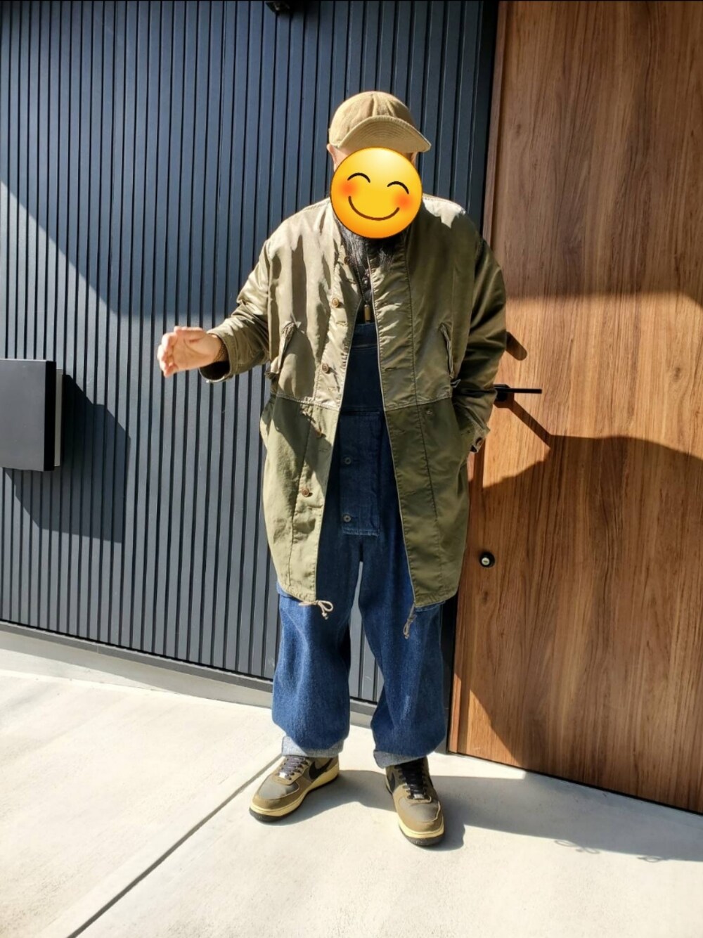 「オーバーオール、ナイジェルケーボン、NIGEL CABOURN」｜「Nigel Cabournのアイテム（キャップ、グリーン系）」を使った、ゃまさん（メンズ・183cm）の秋コーディネートの1枚目の写真