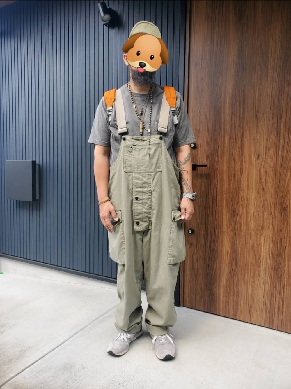 「ナイジェルケーボン、NIGEL CABOURN、オーバーオール」｜「Nigel Cabournのアイテム（キャップ、グリーン系）」を使った、ゃまさん（メンズ・183cm）の夏コーディネートの1枚目の写真