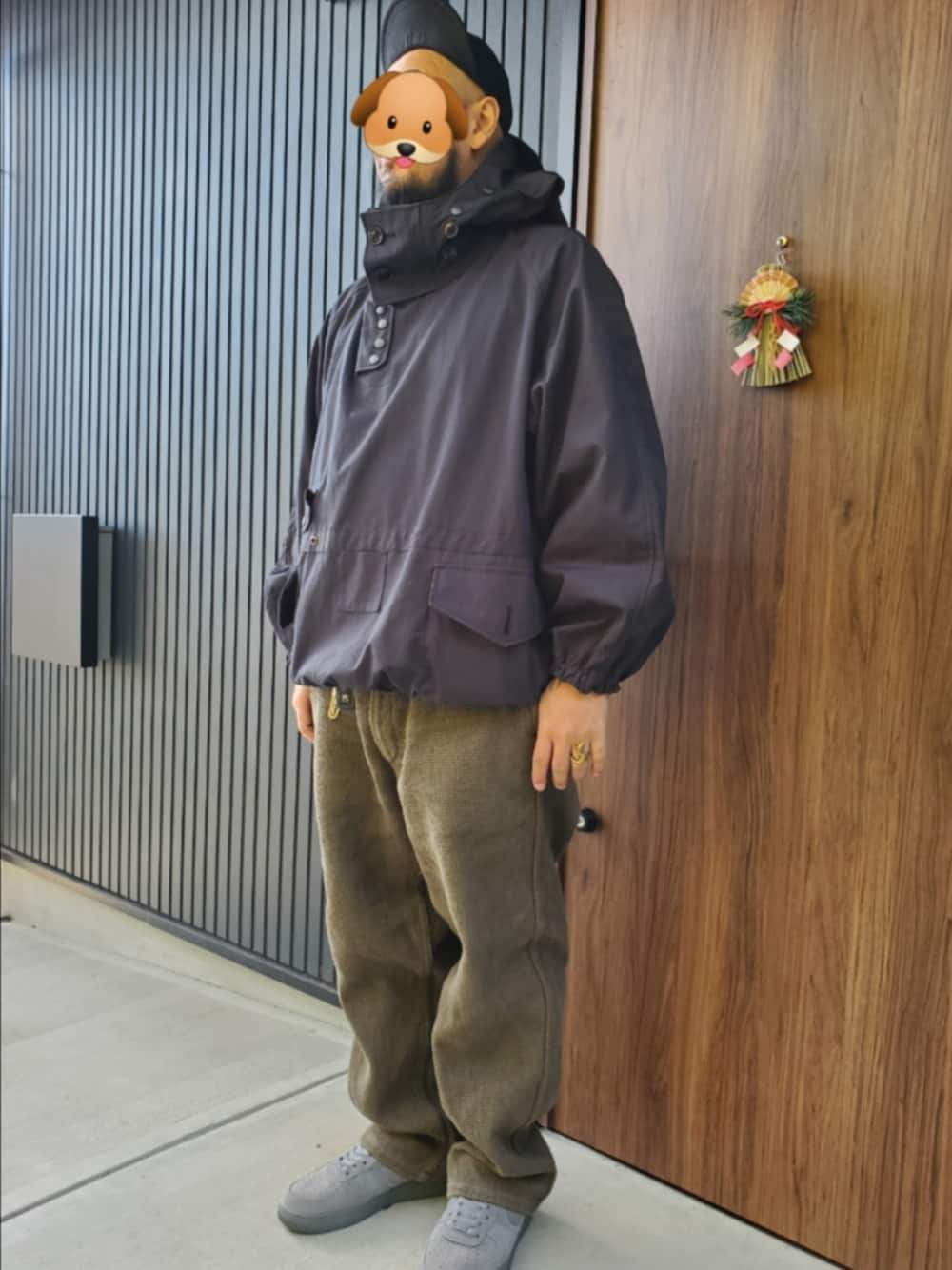 「NIGEL CABOURN、ナイジェルケーボン、WAIPER、スモック」｜「NIKEの Nike Air Force 1  ByYou  ¥14300（スニーカー、グレー系）」を使った、ゃまさん（メンズ・183cm）の冬コーディネートの1枚目の写真