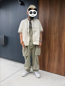 「ベースボールシャツ」｜「アイテム（サロペット/オーバーオール）」を使った、ゃまさん（メンズ・183cm）の夏コーディネート