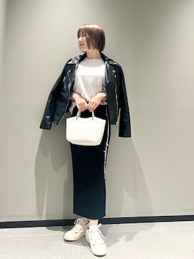 「armaniexchange」｜「アイテム（ライダースジャケット）」を使った、Manapiさん（レディース・151cm）の夏コーディネート