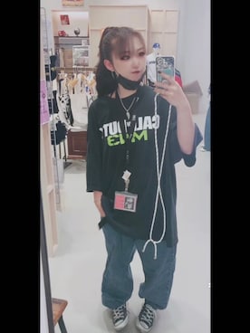 「古着のアイテム（Tシャツ/カットソー、ブラック系）」を使った、るるるさん（レディース・158cm）の夏コーディネート