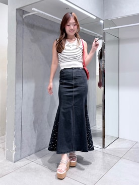 「MERCURYDUO（マーキュリーデュオ）のクリアベルトウェッジサンダル（サンダル、その他）」を使った、仲田桃子さん（レディース・165cm）の夏コーディネート