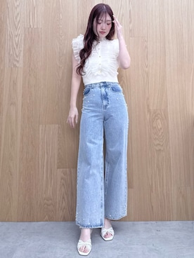 「MERCURYDUO（マーキュリーデュオ）のチュールフリルニット（ニット/セーター、ホワイト系）」を使った、仲田桃子さん（レディース・165cm）の春コーディネート