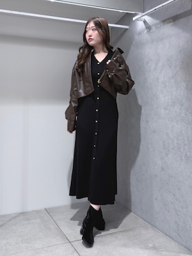「MERCURYDUO（マーキュリーデュオ）のフェイクレザーブルゾン（ブルゾン、ブラウン系）」を使った、仲田桃子さん（レディース・165cm）の秋コーディネート