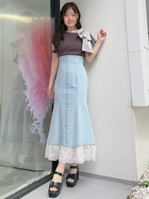 レース切替 デニムスカート マーメイドスカート フレア 総柄 マーメイドスカート 大人可愛いマーメイドフレアスカート デニム