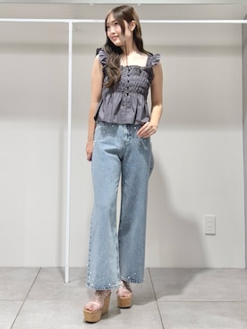 「MERCURYDUO（マーキュリーデュオ）のアイテム（パンツ）」を使った、仲田桃子さん（レディース・165cm）の夏コーディネート