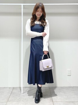 「MERCURYDUO（マーキュリーデュオ）のアコーディオンスクエアBAG（ハンドバッグ）」を使った、仲田桃子さん（レディース・165cm）の冬コーディネート