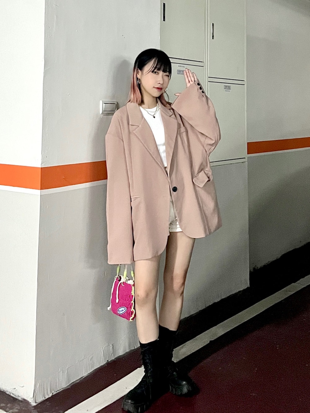 「no brandのアイテム（テーラードジャケット、ピンク系）」を使った、ORiさん（レディース・158cm）の夏コーディネートの1枚目の写真