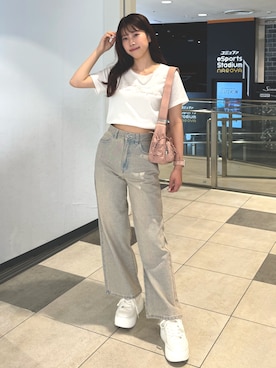 「ワイドパンツ」｜「アイテム（デニムパンツ、ピンク系）」を使った、ゆうはさん（レディース・155cm）の夏コーディネート