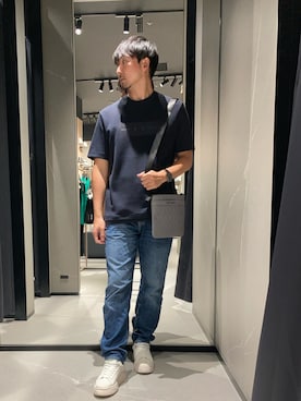 「ARMANI EXCHANGE（アルマーニエクスチェンジ）の【A|X アルマーニ エクスチェンジ】レースアップスニーカー（スニーカー、ホワイト系）」を使った、Yoshiさん（メンズ・181cm）の夏コーディネート