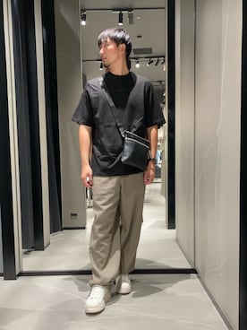 「ARMANI EXCHANGE（アルマーニエクスチェンジ）の【A|X アルマーニ エクスチェンジ】レースアップスニーカー（スニーカー、ホワイト系）」を使った、Yoshiさん（メンズ・181cm）の夏コーディネート
