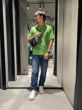 「ARMANI EXCHANGE（アルマーニエクスチェンジ）の【A|X アルマーニ エクスチェンジ】レースアップスニーカー（スニーカー、ホワイト系）」を使った、Yoshiさん（メンズ・181cm）の夏コーディネート