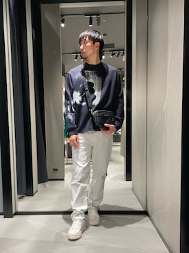 「ARMANI EXCHANGE（アルマーニエクスチェンジ）の【A|X アルマーニ エクスチェンジ】レースアップスニーカー（スニーカー、ホワイト系）」を使った、Yoshiさん（メンズ・181cm）の夏コーディネート