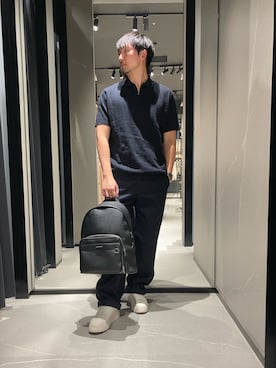 「ARMANI EXCHANGE（アルマーニエクスチェンジ）の【A|X アルマーニ エクスチェンジ】レースアップスニーカー（スニーカー、ホワイト系）」を使った、Yoshiさん（メンズ・181cm）の春コーディネート