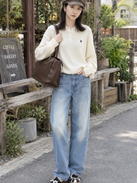 「U.S. POLO ASSN.（ユーエスポロアッスン）のU.S. POLO ASSN./ユーエスポロアッスン JQポロニット ジャガードニット カジュアル ワンポイント刺繍 ボタン付きニット ボーダー柄 2026秋冬 秋服 冬服（ニット/セーター、ホワイト系）」を使った、rooptokyo_irさん（レディース・160cm）の秋コーディネート