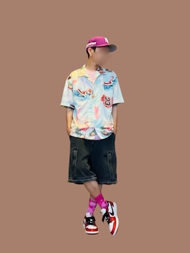 「JORDAN BRAND（ジョーダンブランド）のJORDAN BRAND M J ESS SMR PK AOP CAMP TOP / ジョーダンブランド ジョーダン ESS SMR PK AOP キャンプ S/S トップ / NIKE【SP】（シャツ/ブラウス、ホワイト系）」を使った、369(弥勒)さん（メンズ・162cm）の夏コーディネート