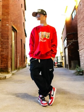 「Supreme （シュプリーム）のアイテム（キャップ）」を使った、369(弥勒)さん（メンズ・162cm）の冬コーディネート