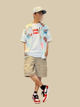 「JORDAN BRAND（ジョーダンブランド）のJORDAN BRAND M J ESS SMR PK AOP CAMP TOP / ジョーダンブランド ジョーダン ESS SMR PK AOP キャンプ S/S トップ / NIKE【SP】（シャツ/ブラウス、ホワイト系）」を使った、369(弥勒)さん（メンズ・162cm）の夏コーディネート